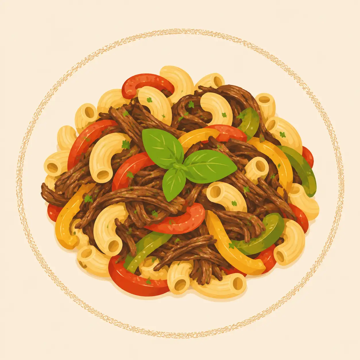 Effiloché de bœuf, cornettes et poivrons sautés
