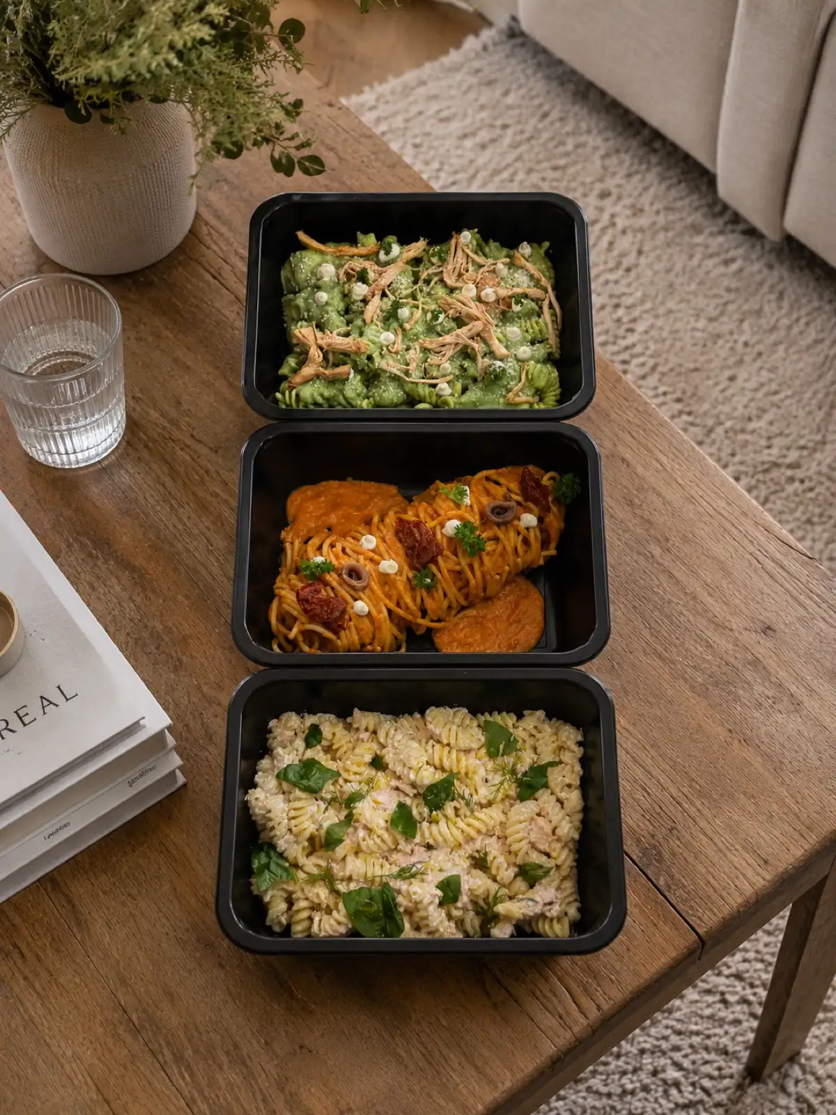 Trois barquettes de plats frais posées sur une table basse de salon
