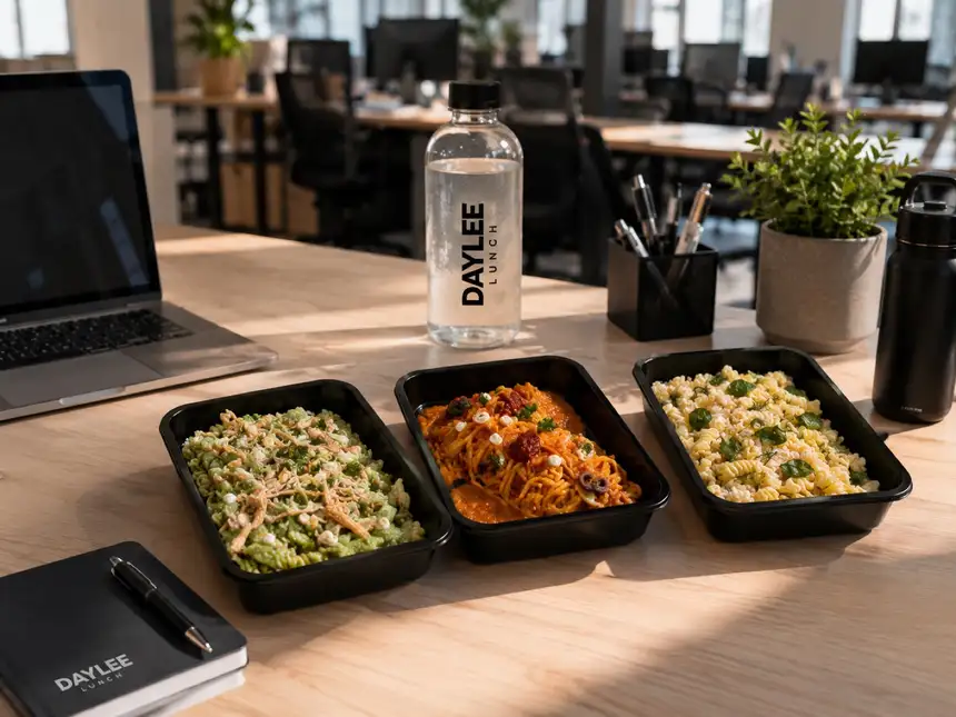 Barquettes de repas frais sur un bureau, dans un espace de travail