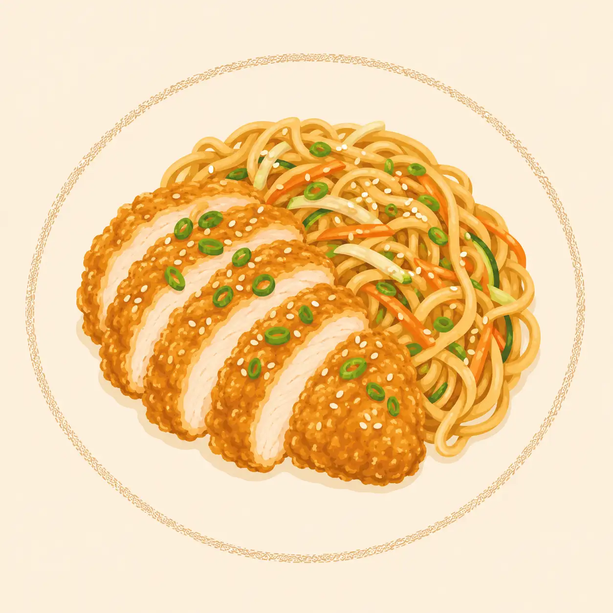 Poulet croustillant à l’asiatique, nouilles sautées